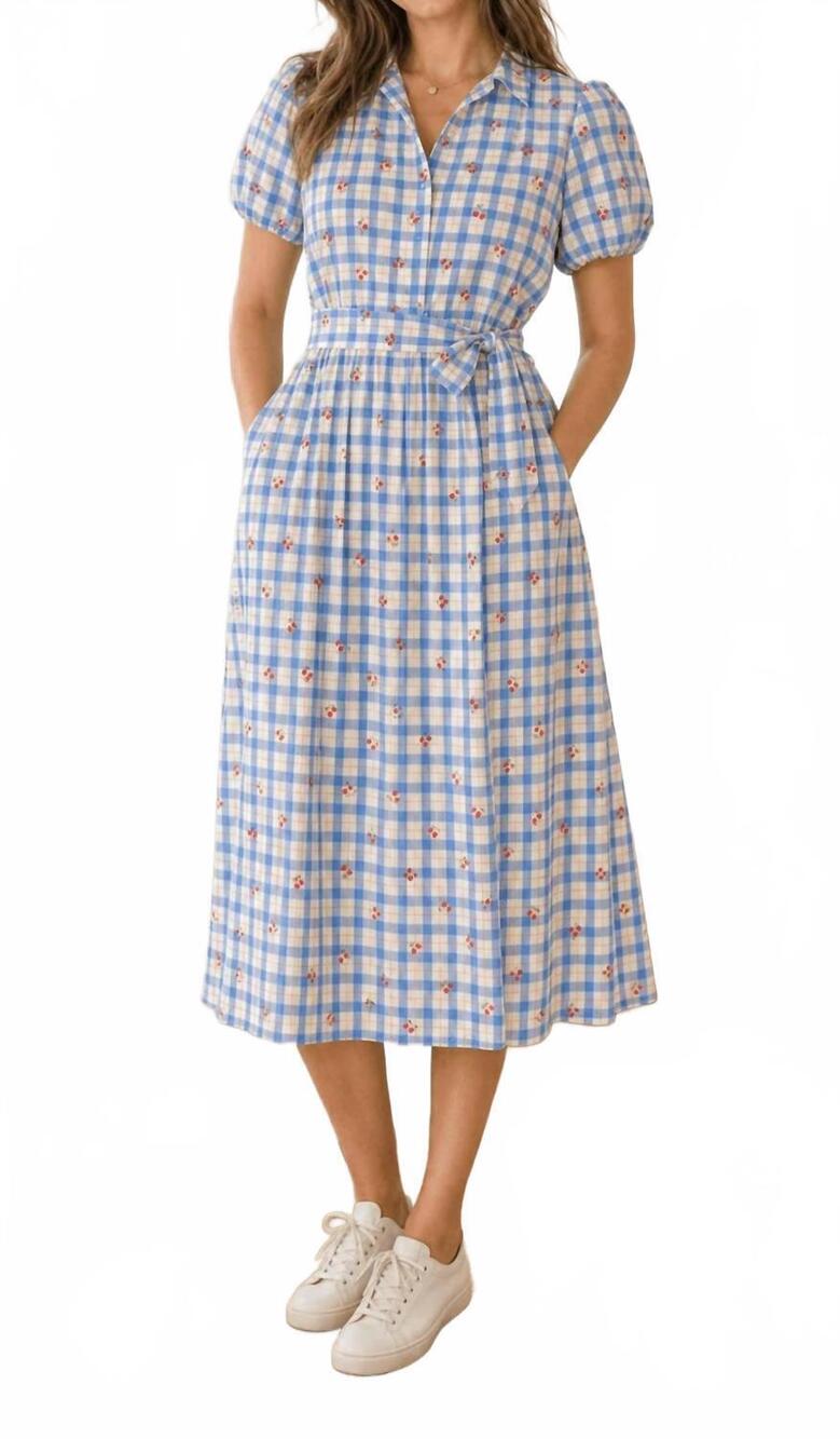 NEW PINCH cherry gingham wrap midi dress in blue and cream